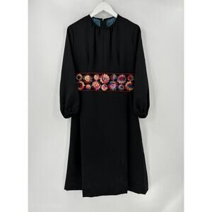 Vintage Handmade Dress Womens Large XL Black Floral Embroidered Midi Long Sleeve